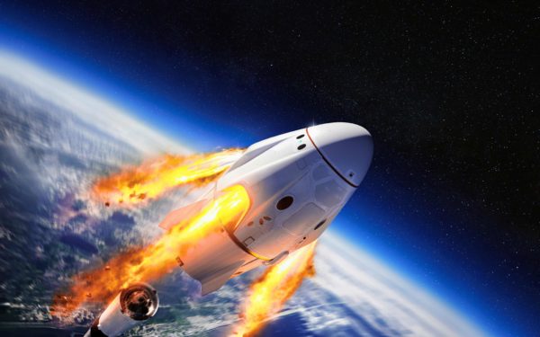 Crew Dragon spacecraft of the private American company SpaceX in space. Dragon is capable of carrying up to 7 passengers to and from Earth orbit, and beyond. Elements of this image furnished by NASA.