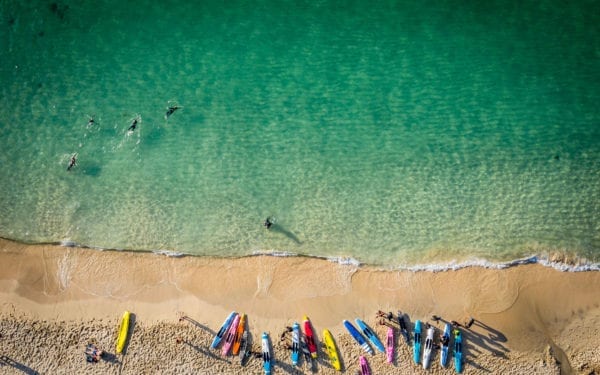 Aerial Image Of Cornish Beach,With Paddle Boards Lined Up