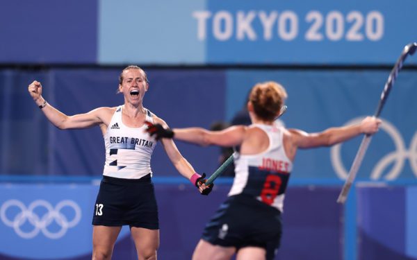 Elena Sian Rayer of Team Great Britain celebrates with teammate Sarah Louise Jones at the Olympics