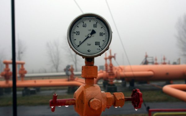 A pressure gauge shows the lack of flow of natural gas from Russia along the Brotherhood natural gas pipeline in Vecses, Hungary
