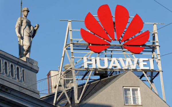 Logo of Chinese company Huawei on building in Copenhagen