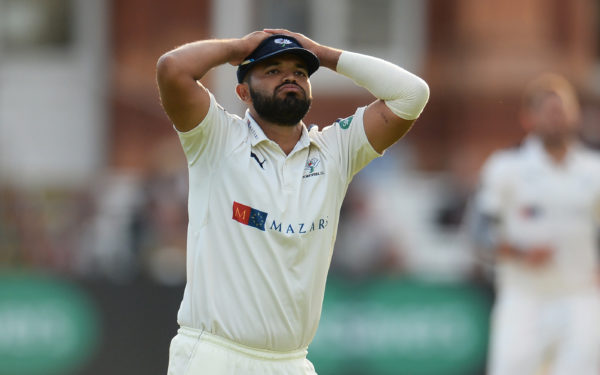 LONDON, ENGLAND - SEPTEMBER 22: Azeem Rafiq of Yorkshire reacts after Dawid Malan of Middlesex had almost been dismissed during day three of the Specsavers County Championship Division One cricket match between Middlesex and Yorkshire at Lord's cricket ground on September 22, 2016 in London, England.