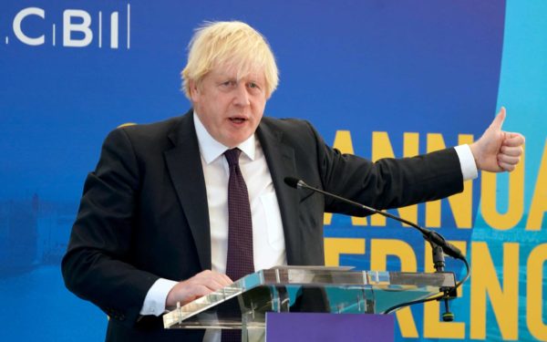 Prime Minister Boris Johnson speaks at the Port of Tyne, in South Shields, during the CBI annual conference on November 22, 2021 in Newcastle upon Tyne, England.