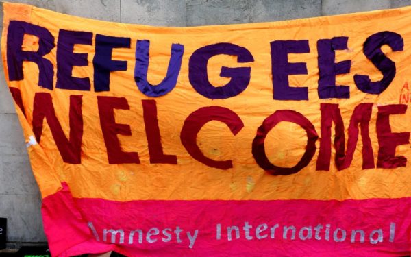 Amnesty International "Refugees Welcome" banner for London demonstration & rally -