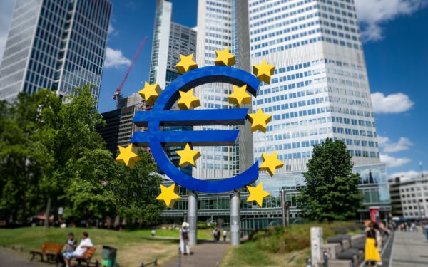 Frankfurt, Germany: Euro Sign at European Central Bank (ECB).
