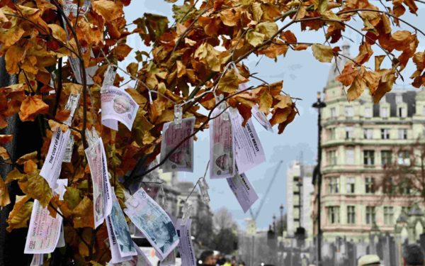 A Boris Johnson Magic Money Tree was placed outside of Parliament.