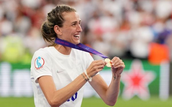 England's Jill Scott celebrates with her medal after England win the UEFA Women's Euro 2022 final at Wembley Stadium, London. Picture date: Sunday July 31, 2022.