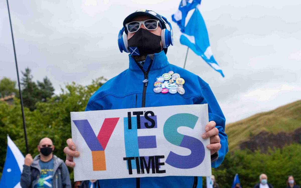 Edinburgh, Scotland, UK. 20 July, 2020. Pro Scottish independence demonstration organised by the All Under One Banner (AUOB) group outside the Scottish Parliament at Holyrood in Edinburgh today.