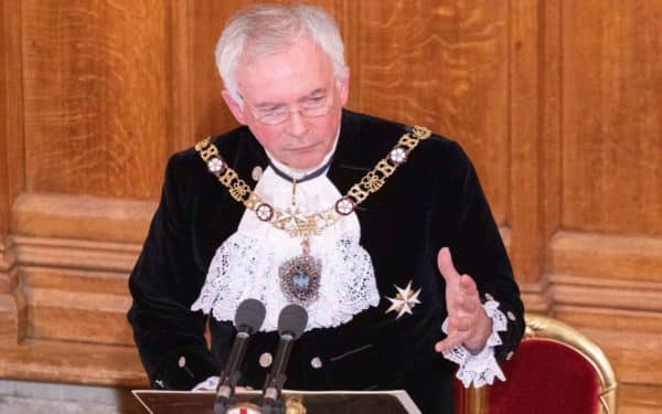 Lord Mayor of London, Nicholas Lyons, speaking during the annual Lord Mayor's Banquet at the Guildhall in central London