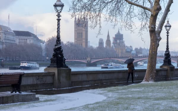 Winter scene along bank of Thames, Vauxhall towards Westminster