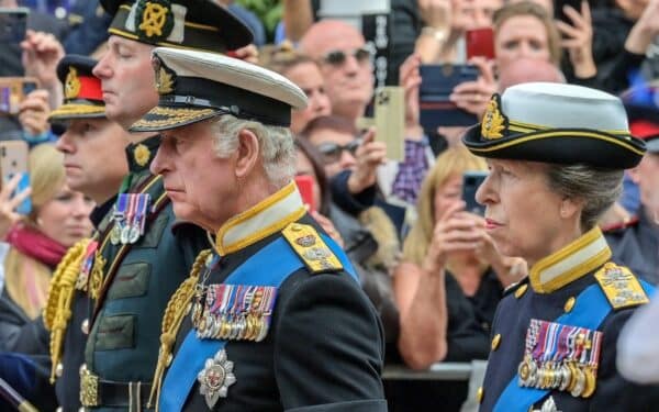 London, Westminster, UK, 19th September 2022. Queen Elizabeth II state funeral procession. King Charles III and Anne, Princess Royal.