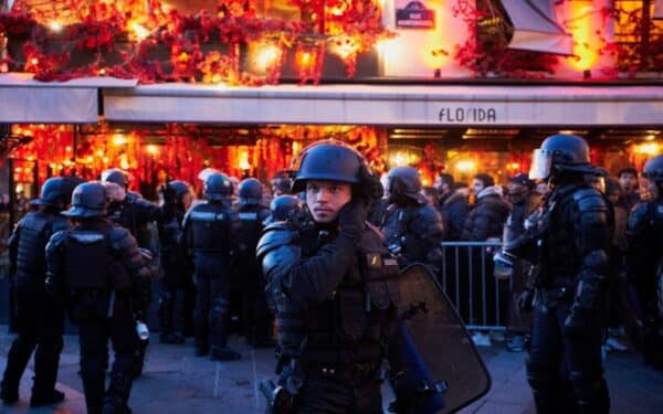March 19, 2023, Paris, Ile de France, FRANCE: French riot police surround a group of people that wanted to protest near the commercial shopping center of Les Halles in the center of Paris.