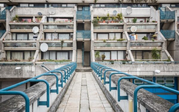 A walkway to Alexandra Road estate, a brutalist architecture in London, England