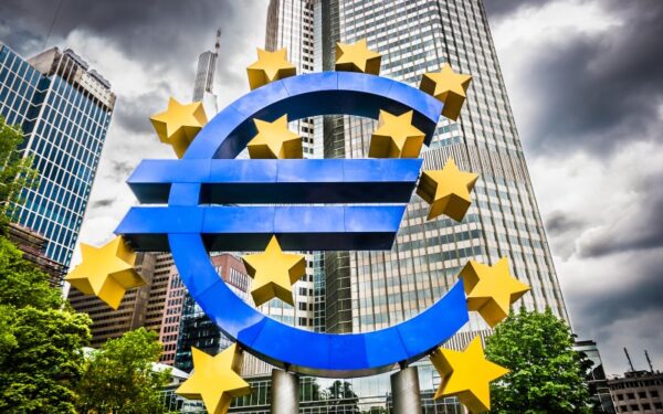 Euro sign at European Central Bank headquarters in Frankfurt, Germany