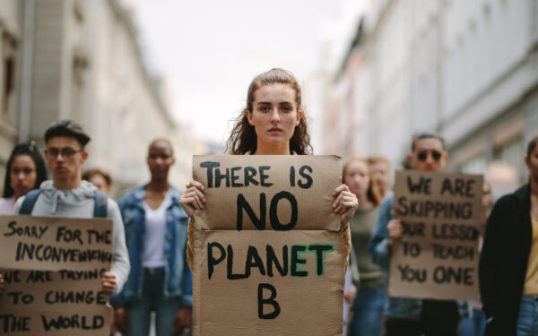 Group of students on the streets demonstrating against climate change.