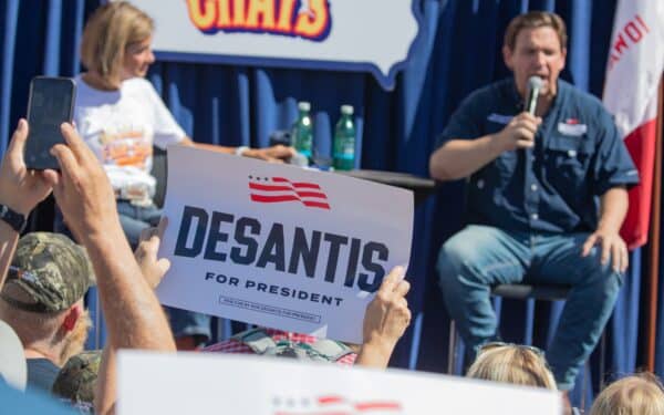 Florida Republican Governor and presidential candidate Ron DeSantis greets supporters at the Iowa State Fair
