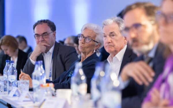 Andrew Bailey, Governor at the Bank of England, Christine Lagarde, President of the European Central Bank and Jerome Powell, Chair at the Board of Governors of the Federal Reserve at the 2023 ECB Forum on central banking (via European Central Bank Flickr)
