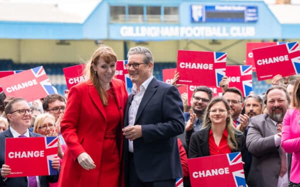 Keir Starmer, leader of the Labour Party, and Angela Rayner, deputy leader of the Labour Party, on the first day of General Election campaigning at Gillingham Football Club, Kent. Picture date: Thursday May 23, 2024