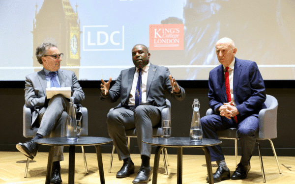 Shadow Defence Secretary, John Healey, and Shadow Foreign Secretary, David Lammy, speak to moderator, Mark Urban, at the 2024 London Defence Conference