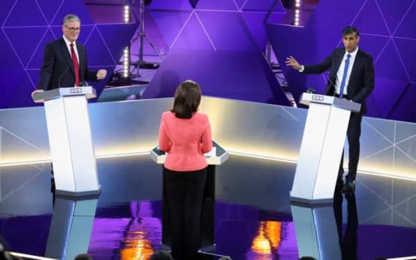 Presenter Mishal Husain with Labour leader Sir Keir Starmer and Prime Minister Rishi Sunak during their BBC Head-to-head debate in Nottingham