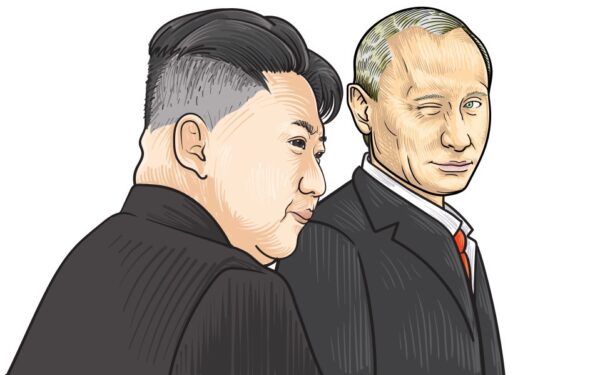 Vladimir Putin and Kim Jong-un portraits. Russia and North Korea relations.
