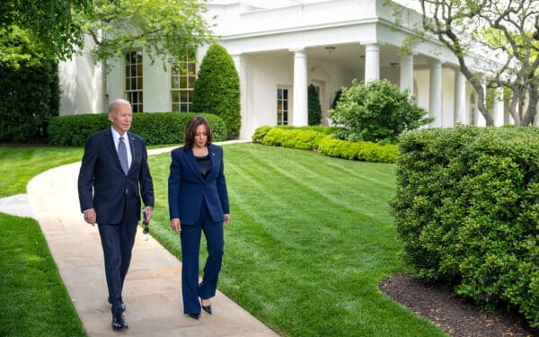 President Joe Biden and Vice President Kamala Harris leave the Oval Office