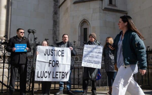 Campaigners demonstrate outside the High Court in London during Lucy Letby's appeal hearing (via ZUMA Press, Inc. / Alamy)