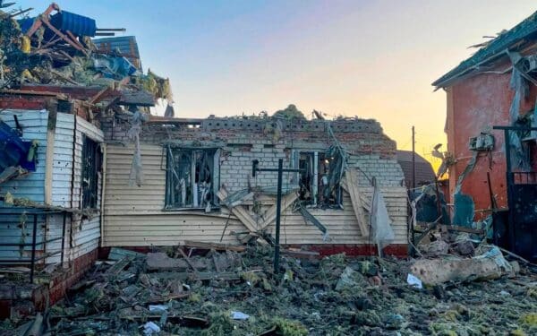 A house damaged by Ukrainian shelling in the Russian town of Sudzha in the Kursk region (via Associated Press / Alamy)