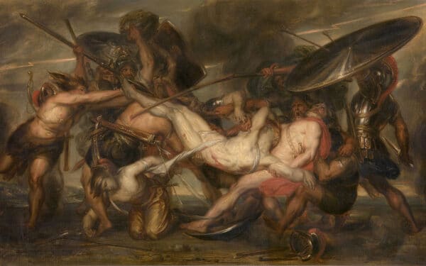 The Greeks and the Trojans fighting over the Body of Patroclus, Oil on canvas, 5.2 x 8.5 metres, by Antoine Joseph Wiertz (1806-65) via Musee Antoine Wiertz, Brussels