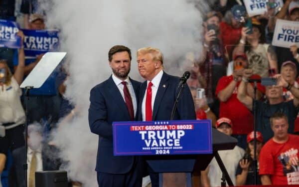 DOnald Trump and J.D Vance in Atlanta, Georgia (via Phil Mistry/ Shutterstock)