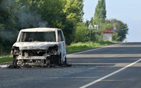 2XPYRAM Russia. 08th Aug, 2024. The situation in the Kursk region after the shelling of the Ukrainian Armed Forces. A civilian car wrecked after being attacked by drones on the highway between Kursk and Sudzha. 08.08.2024 /Kommersant/Sipa USA Credit: Sipa US/Alamy Live News