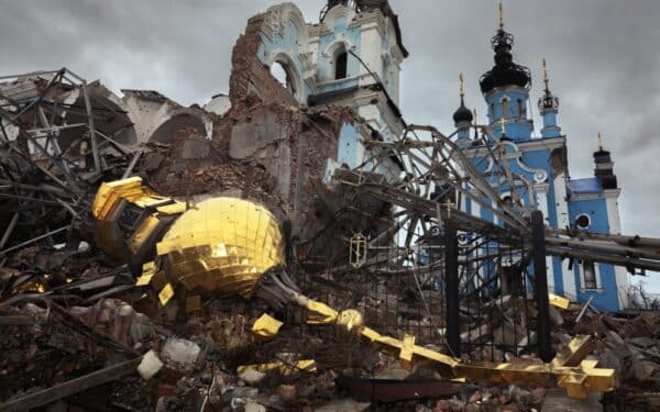 A church destroyed by Russian strikes in Bogorodichne, Donetsk region, Ukraine (via Shutterstock)