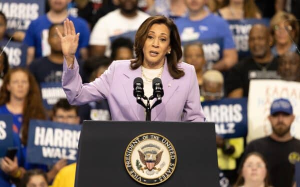 Harris at the Harris-Walz campaign rally in Las Vegas, Nevada. (Maxim Elramsisy via Shutterstock)