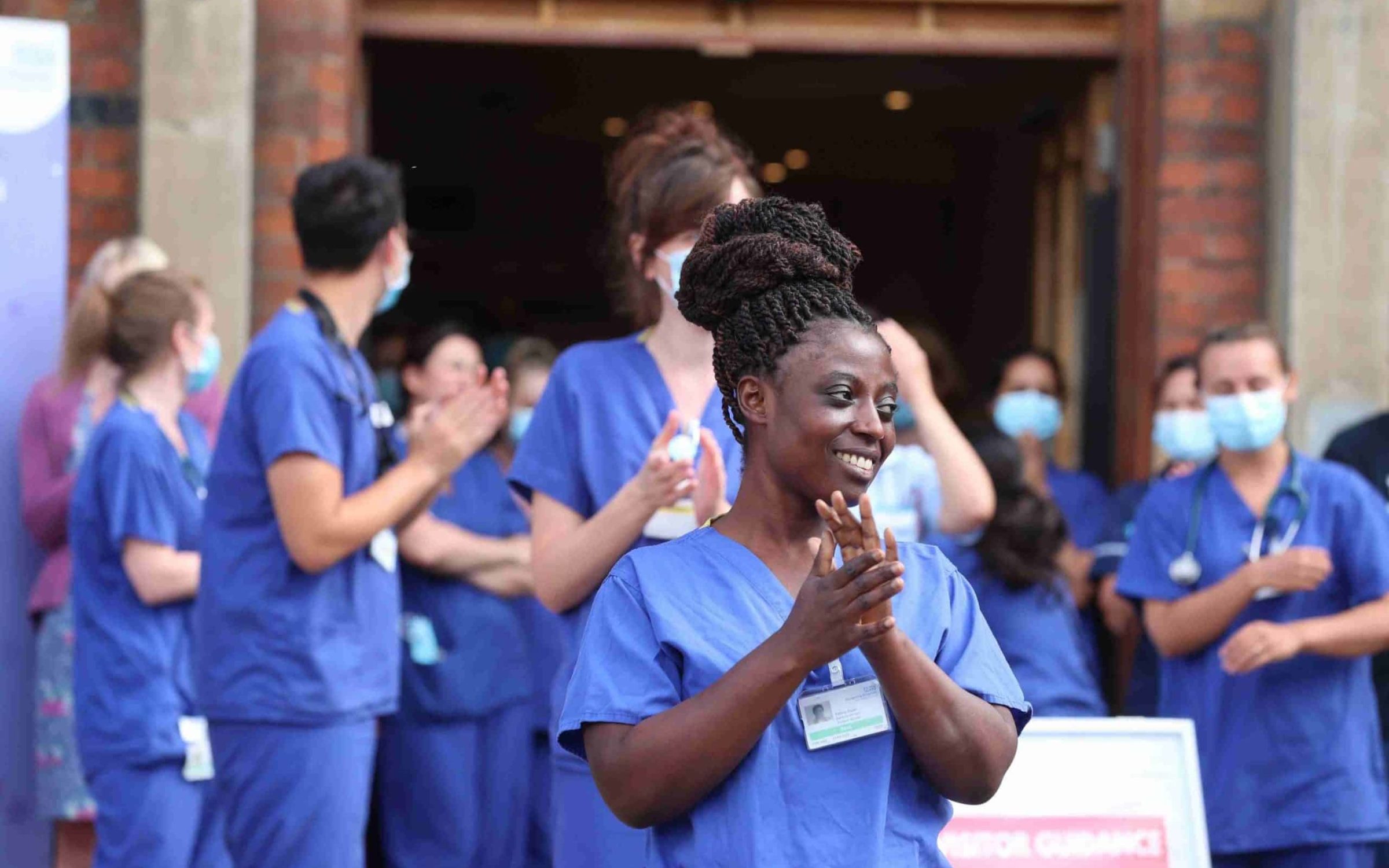 Winchester, Hampshire, UK. 5th July 2020. Clap for carers appreciation at Royal Hampshire County Hospital in Winchester, celebrating the 72nd anniversary of the NHS. Staff at the hospital took part in the applause, before singing happy birthday to the NHS.