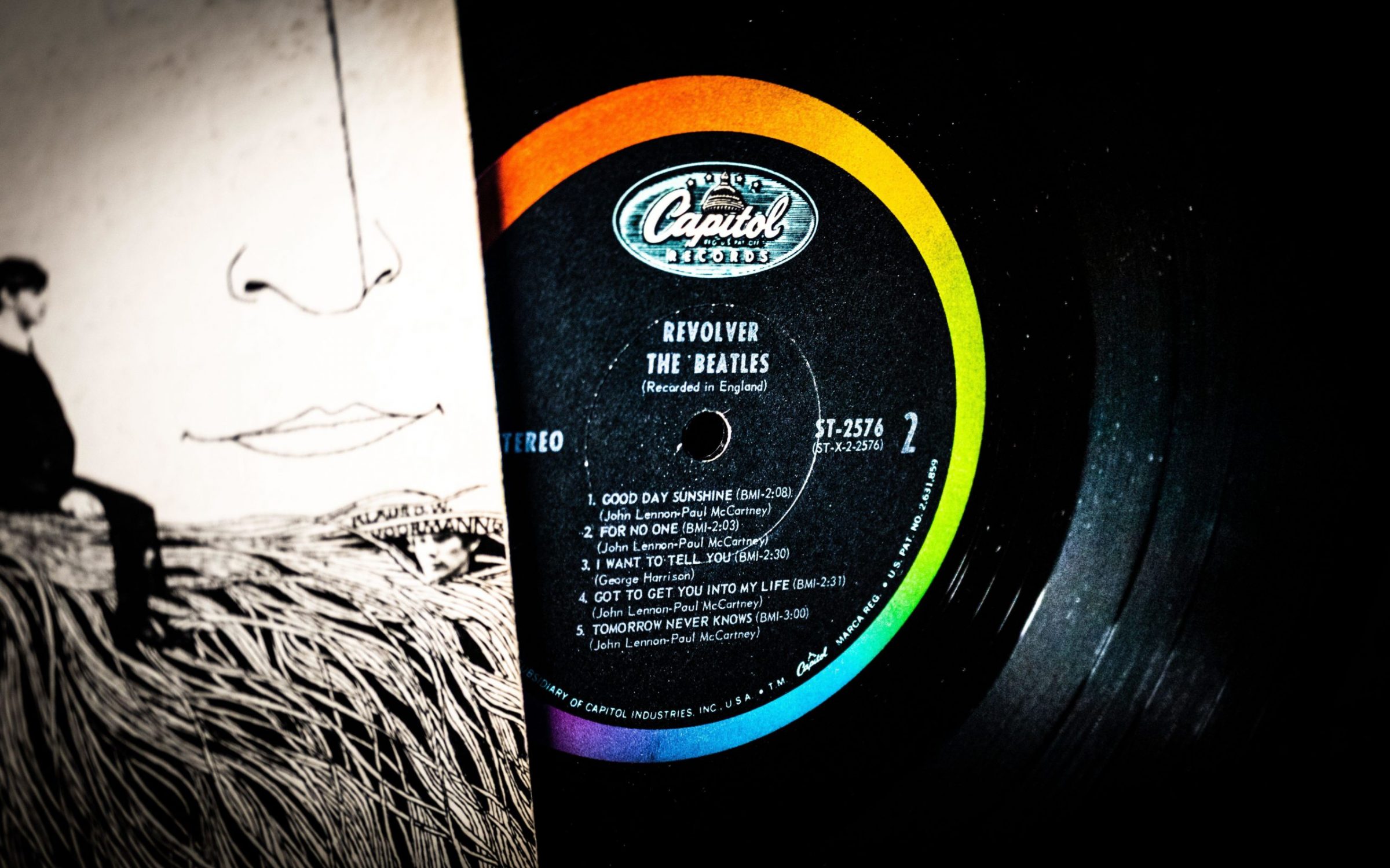 Closeup of label on The Beatles Revolver vinyl record