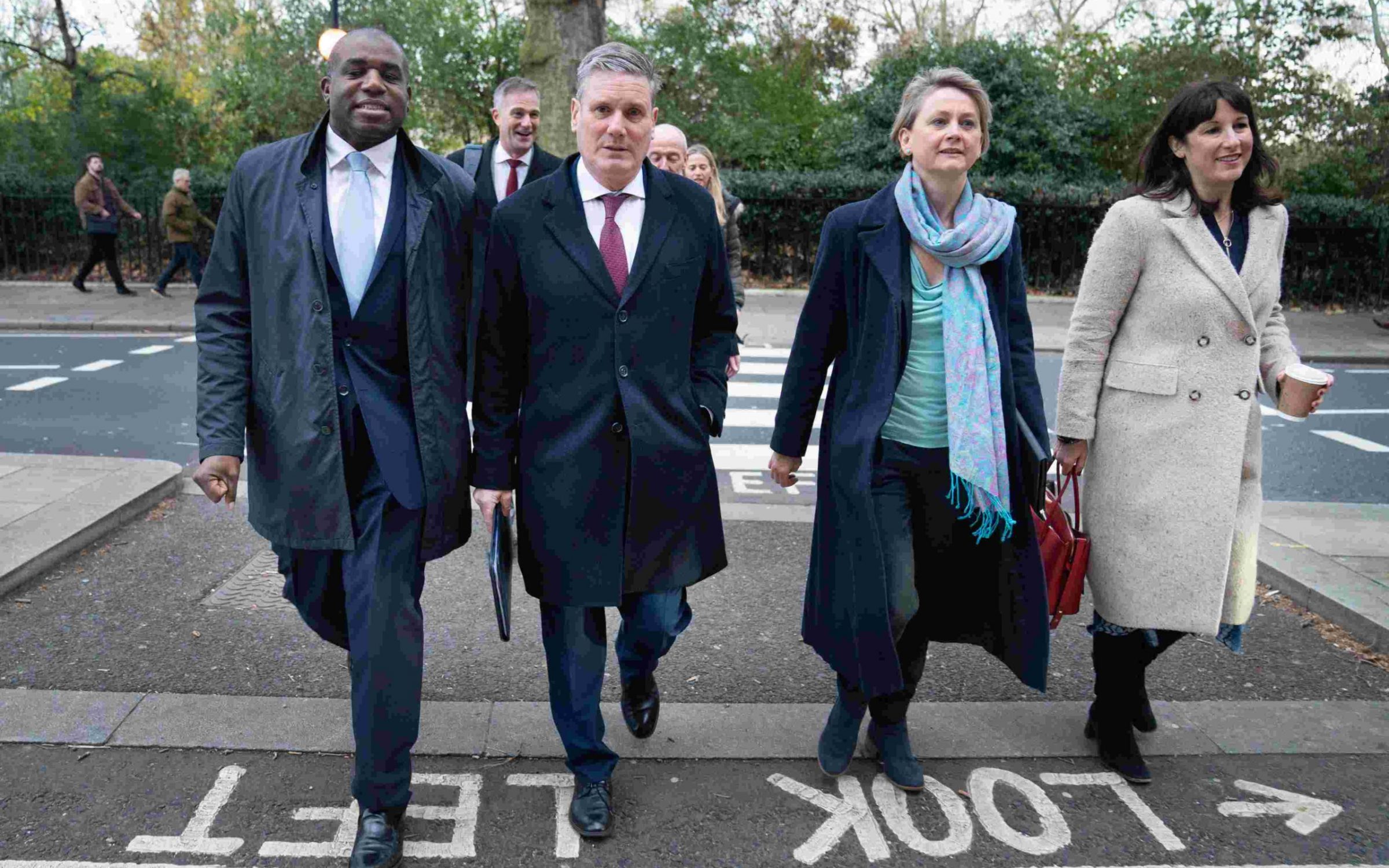 Labour leader, Keir Starmer (2nd from left) walks to shadow cabinet meeting with some of his new appointees including David Lammy (far left) Shadow Foreign secretary, Yvette Cooper (3rd from left) shadow Home Secretary and Rachel Reeves (far right) shadow Chancellor of the Exchequer after reshuffle.