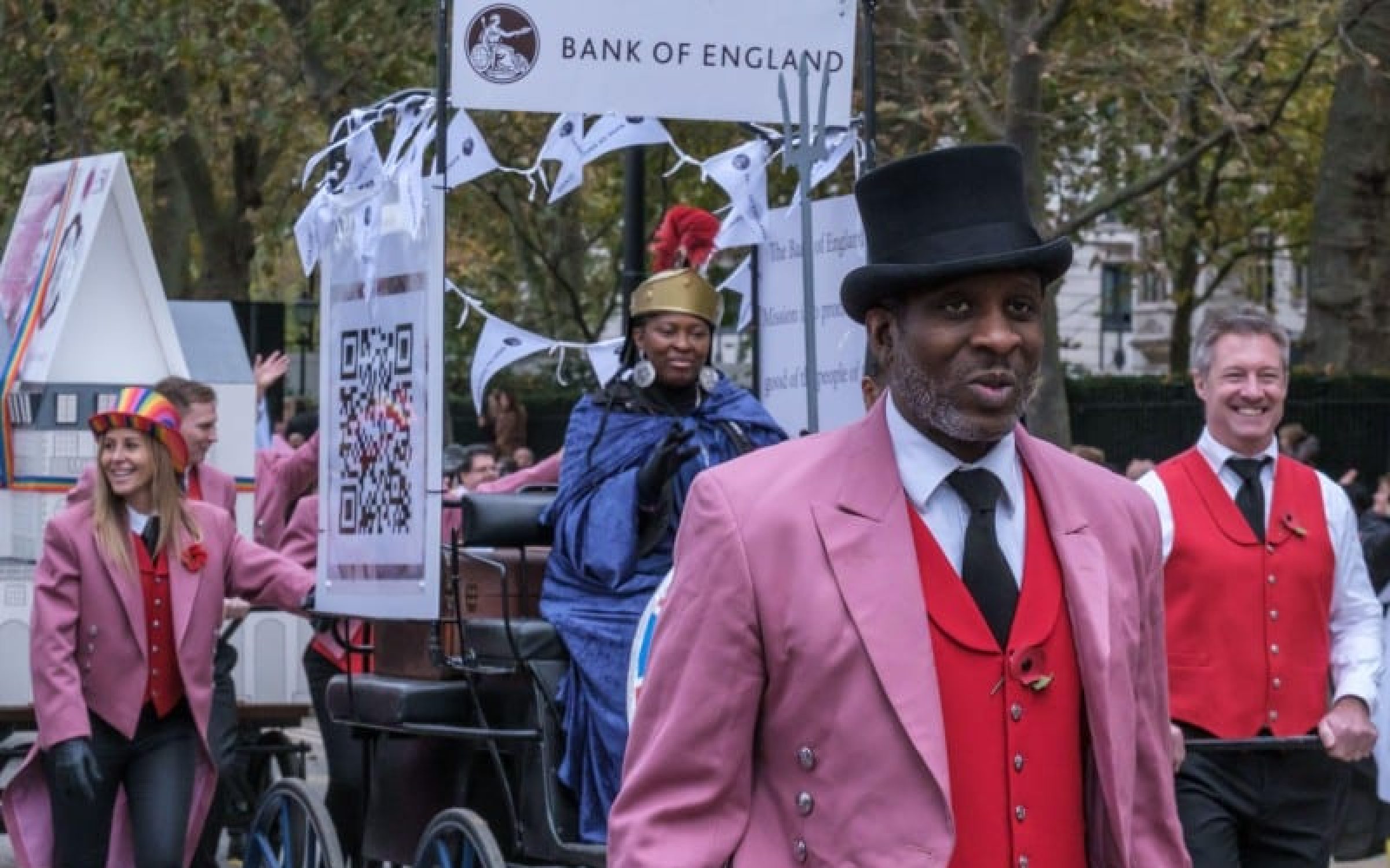 Bank of England participants in traditional pink jackets & red waist coats march in the Lord Mayor’s Show 2021