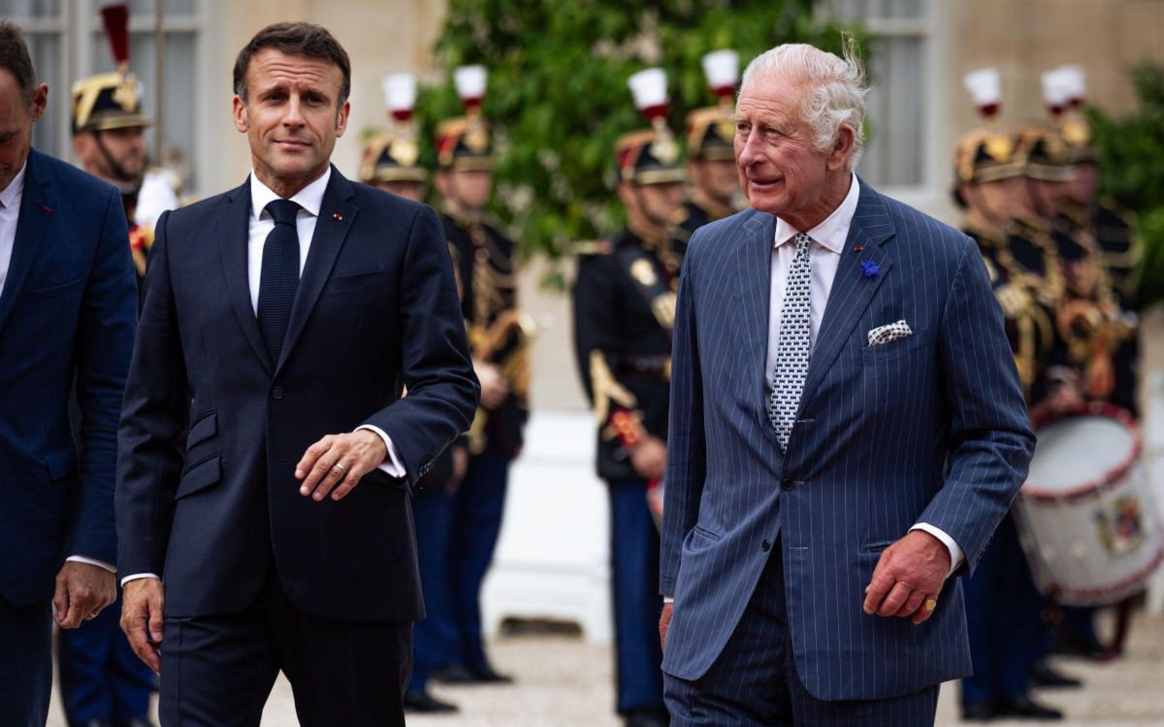 Paris, France. 20th Sep, 2023. French President Emmanuel Macron and King of the United Kingdom Charles III seen arriving at the Elysée Palace. King of the United Kingdom Charles III and Queen Camilla are making their first official visit to France since their accession to the throne. After the reception and ceremony at the Arc de Triomphe, they went accompanied by French President Emmanuel Macron and First Lady Brigitte Macron to the Elysée Palace in Paris, France.