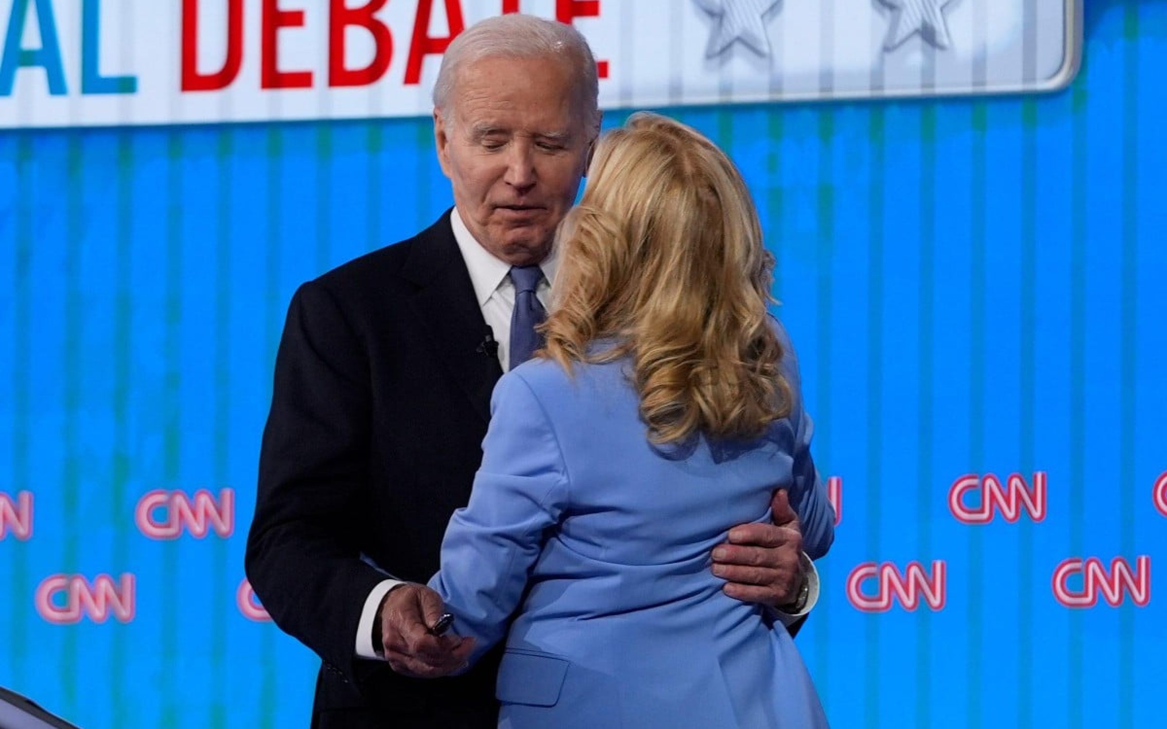 First lady Jill Biden, right, hugs President Joe Biden at the conclusion of a presidential debate with Republican presidential candidate former President Donald Trump hosted by CNN (via AP/Alamy)