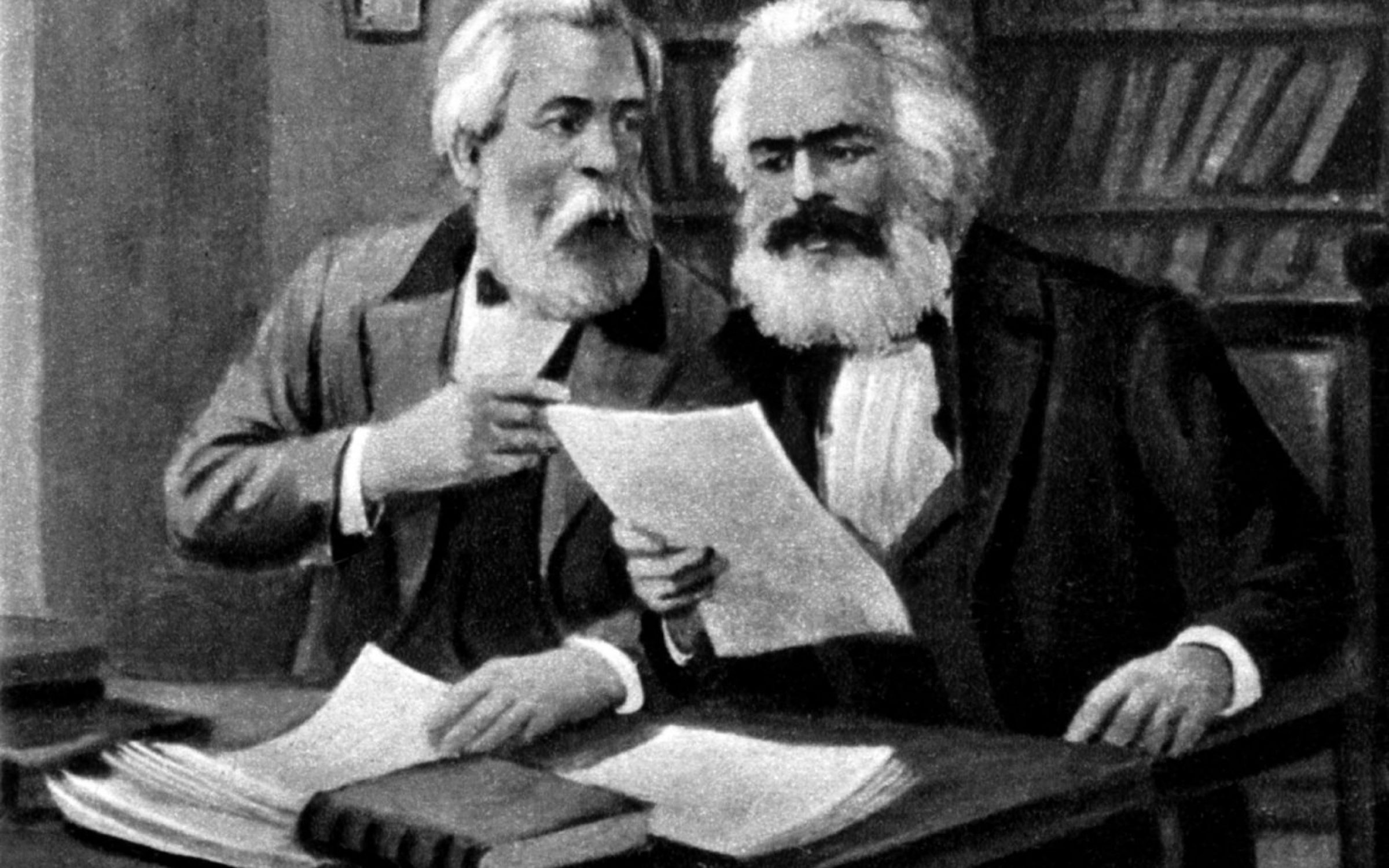 Marx, Karl, 5.5.1818 - 14.3.1883, German philosopher and journalist, half length, with Friedrich Engels, painting by anonymous, circa 1880,