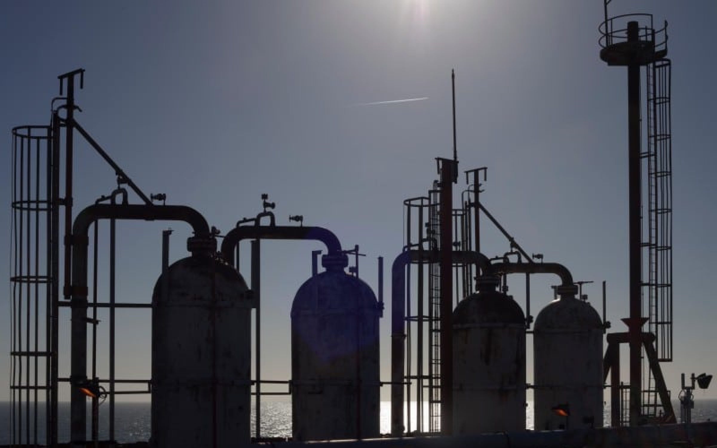 Process pipework on an offshore gas platform.