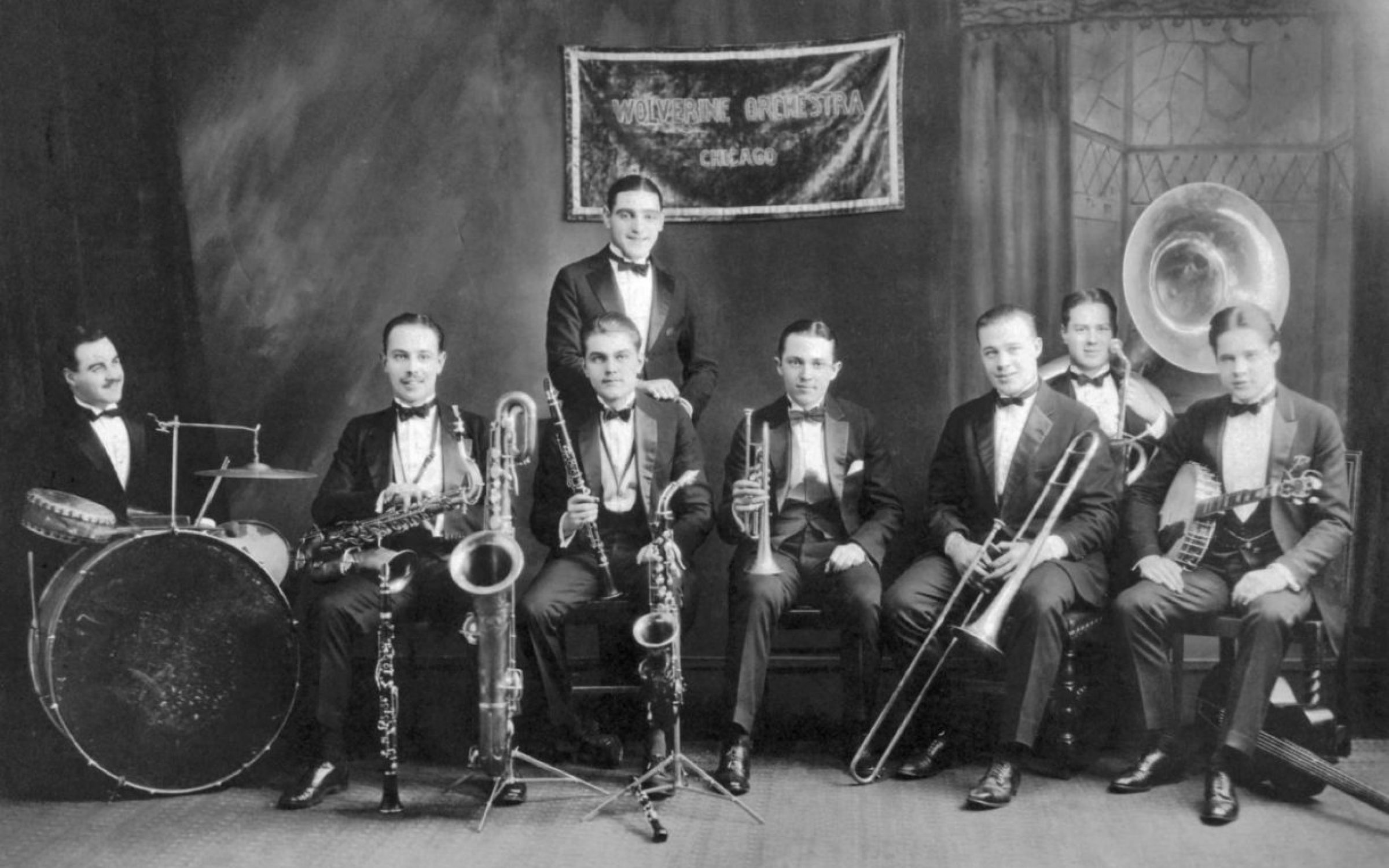 The Wolverines with Bix Beiderbecke (fourth from right) about about 1924