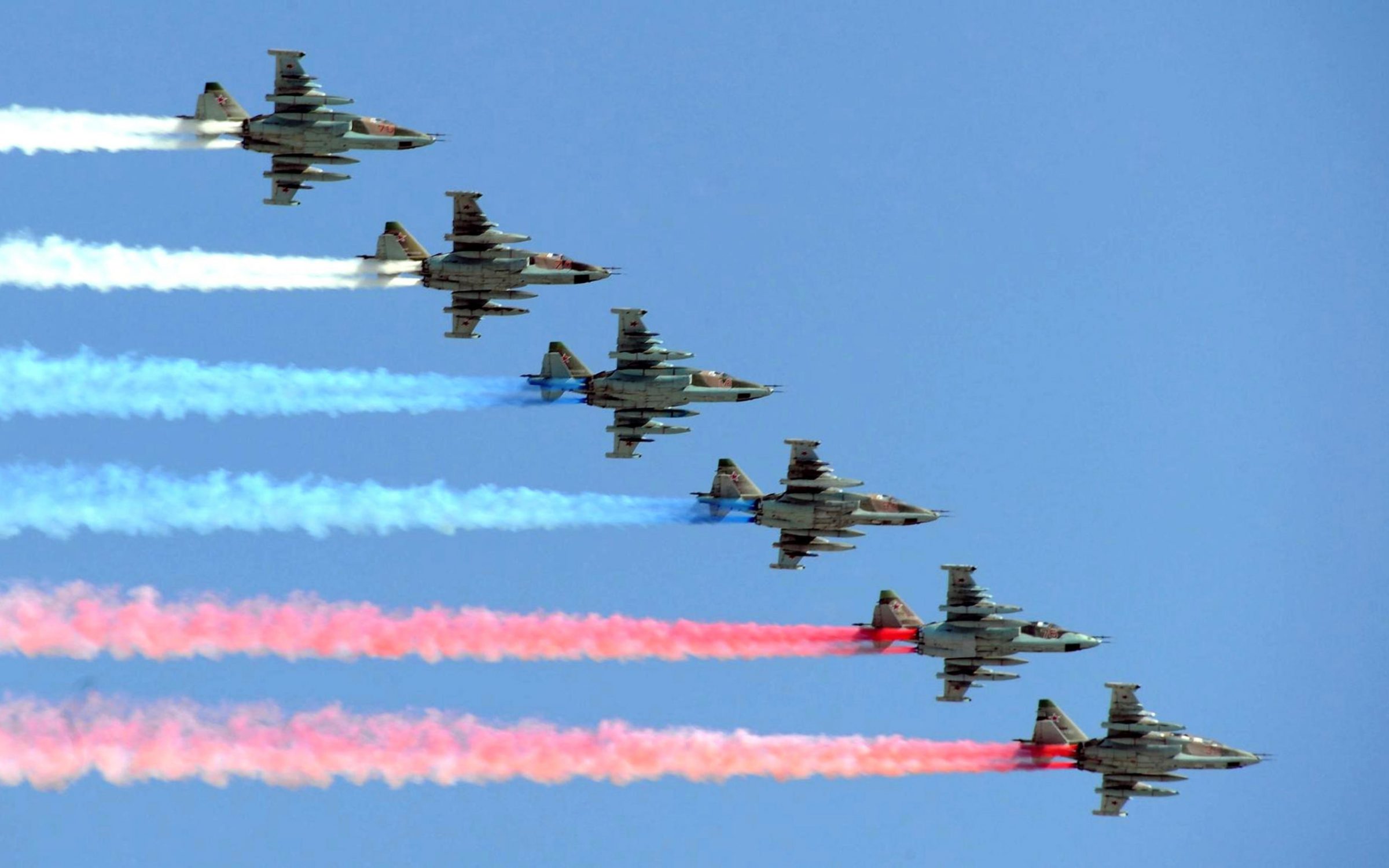 Russian air force fighter jets fly over during the annual Victory Day military parade marking the 71th anniversary of the end of World War II in Red Square May 9, 2016 in Moscow, Russia.