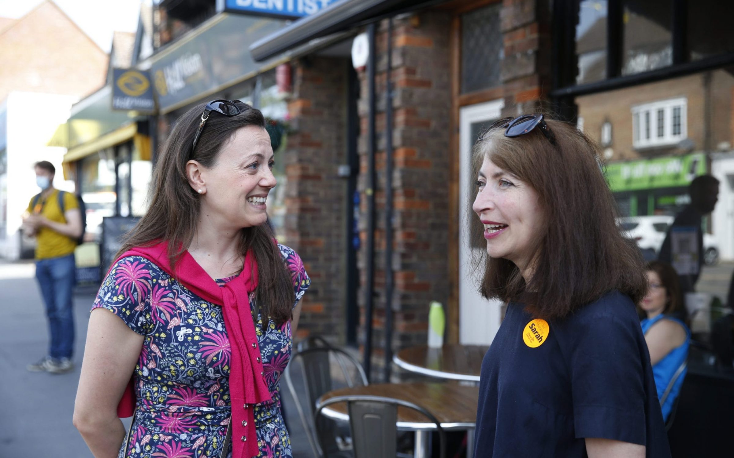 Sarah Green, candidate for Chesham and Amersham, speaks to a woman while canvassing. Photo: Hollie Adams via Getty Images