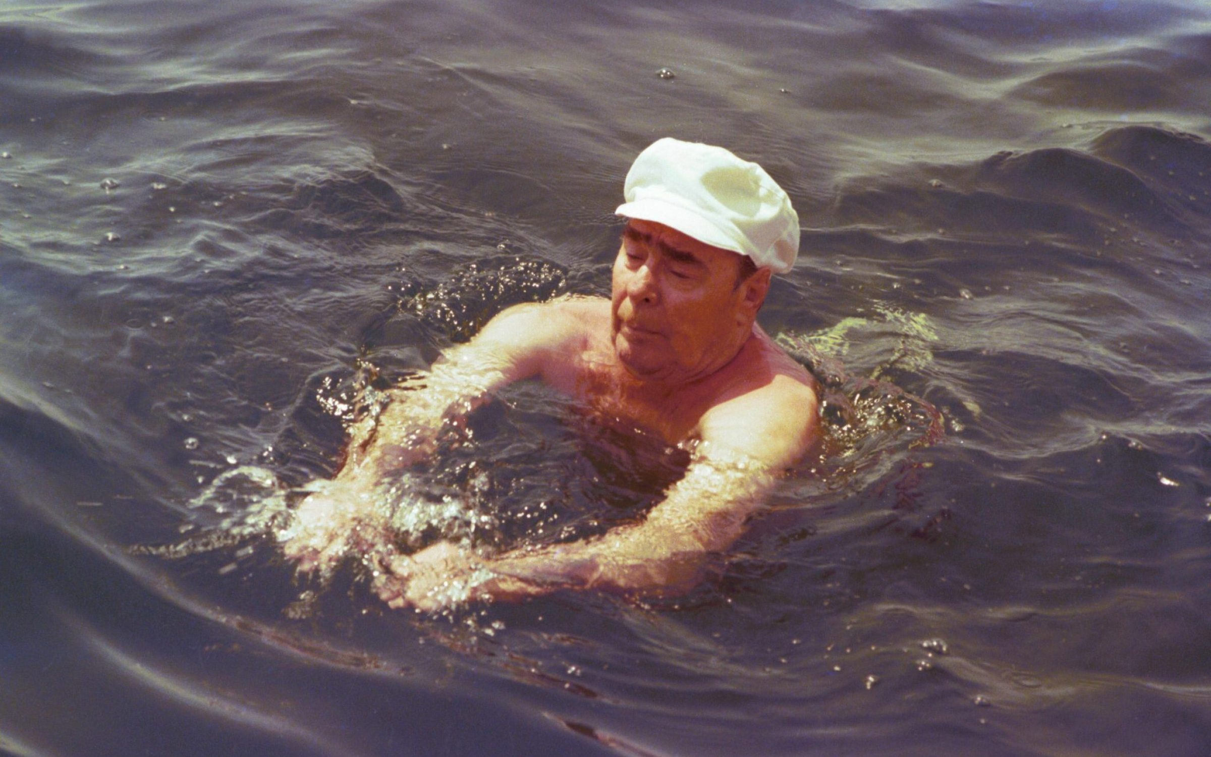 Leonid Brezhnev swimming in the Black Sea during his holiday in Crimea, USSR, in 1977.