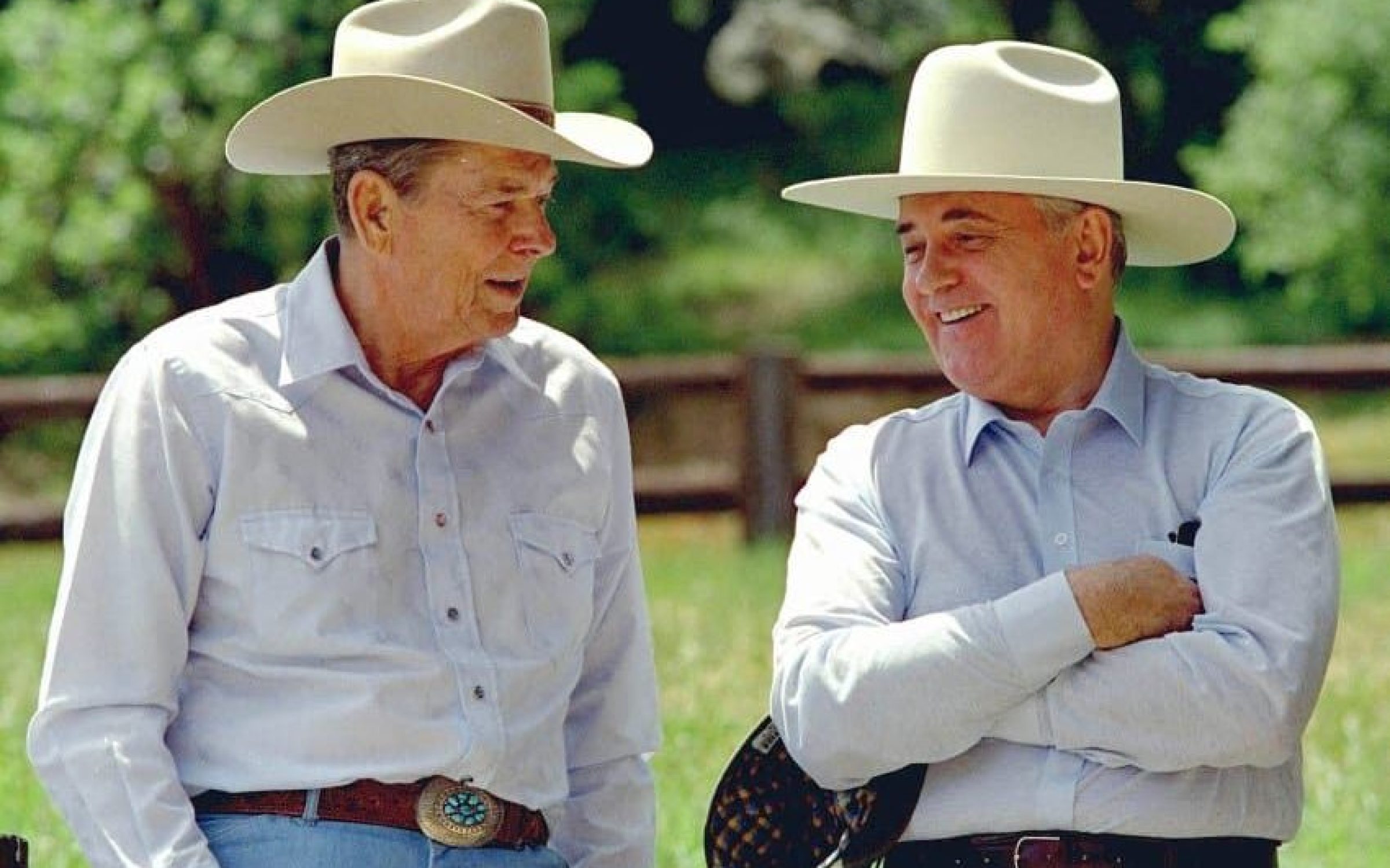 Ronald Reagan and Mikhail Gorbachev relax at Reagan's California ranch in May, 1992.