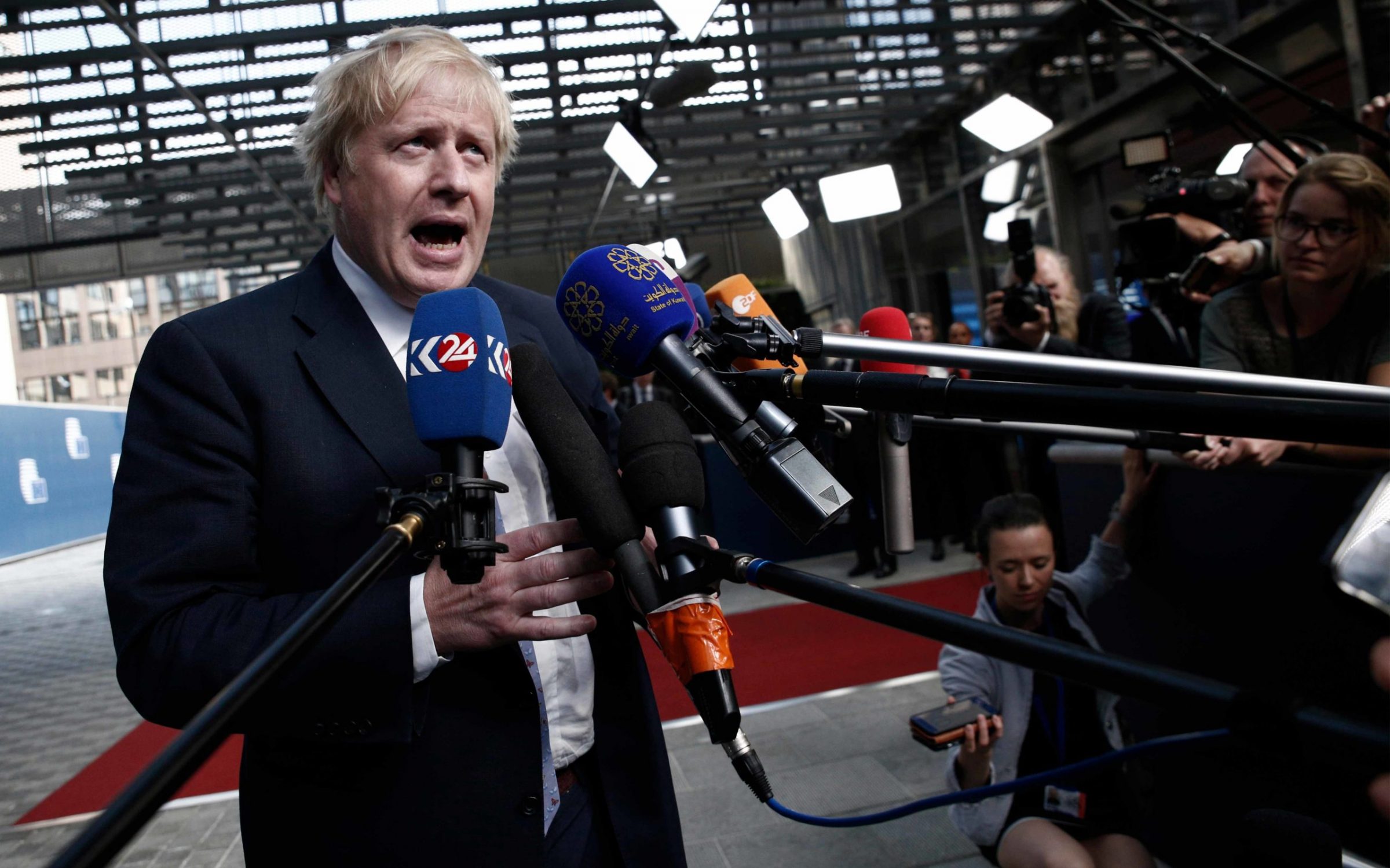 Brussels, Belgium. 15th May 2018. Britain's Foreign Secretary Boris Johnson arrives at a meeting on Iran Nuclear deal.