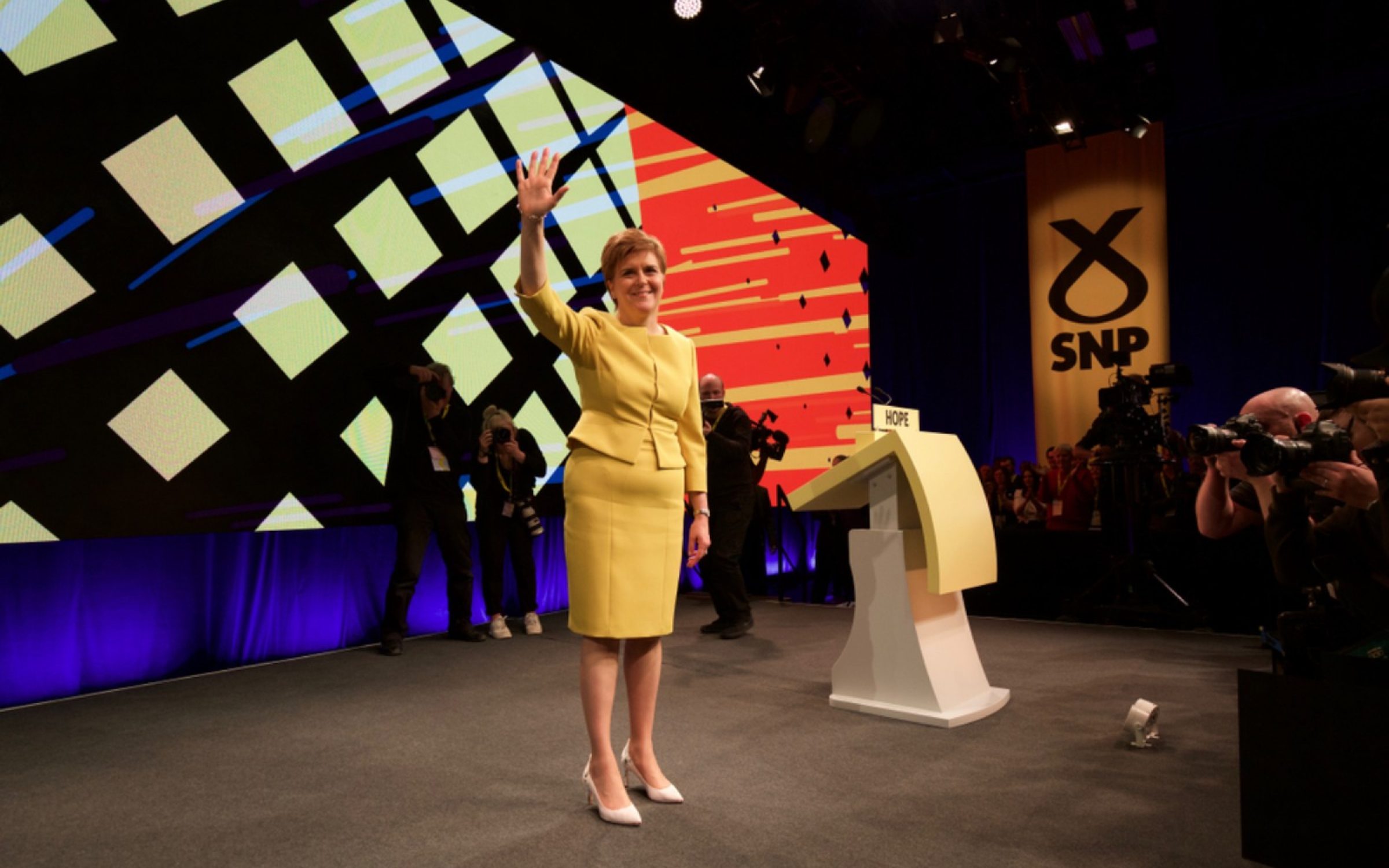 EDINBURGH,UK - April 28, 2019: Nicola Sturgeon, leader of the Scottish National Party, acknowledging party delegates following her speech to the SNP spring conference
