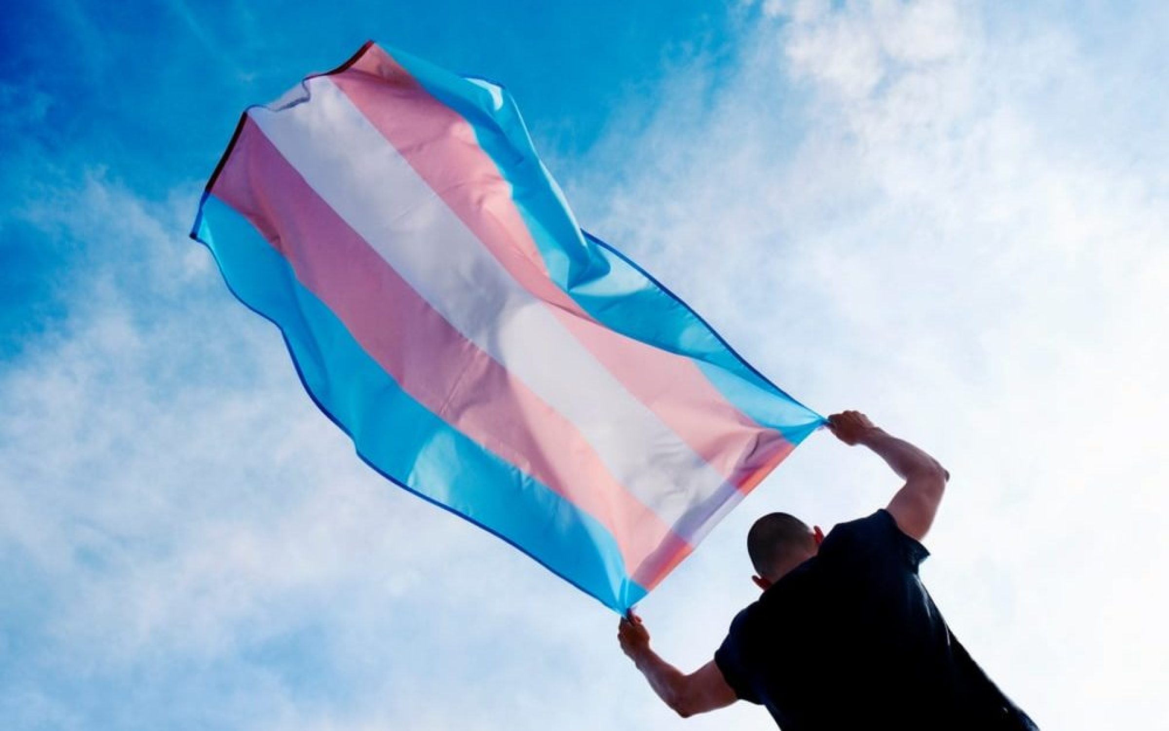 A protestor holding a transgender pride flag over their head.
