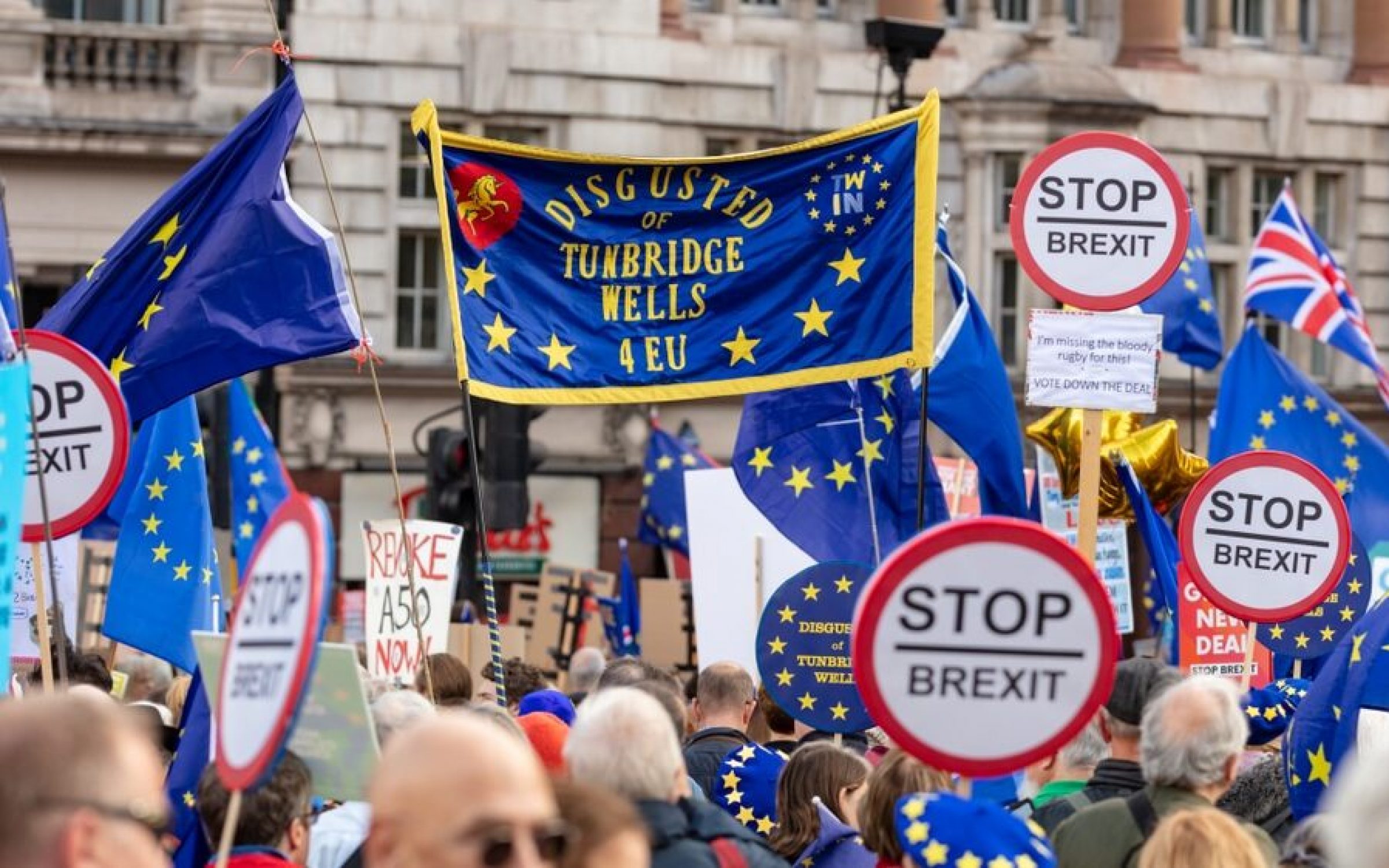 Whitehall, London, UK; 19th October 2019; Crowd of anti-Brexit protesters.